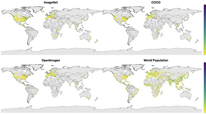 Geographical distribution of images in popular datasets